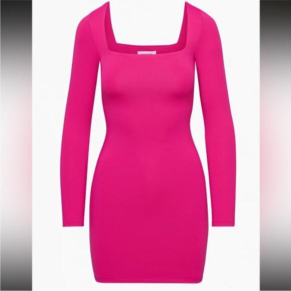 Babaton Aritzia NWT Contour Squareneck Long Sleeve Mini Dress Pink L - Picture 1 of 7